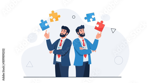 Two businessmen with puzzle pieces, teamwork and strategy concept