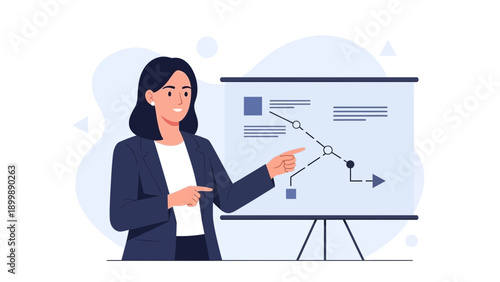 Businesswoman points to presentation chart, explaining strategy and growth