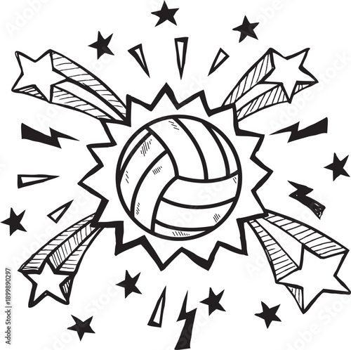 Energetic Hand-Drawn Volleyball with Stars and Lightning