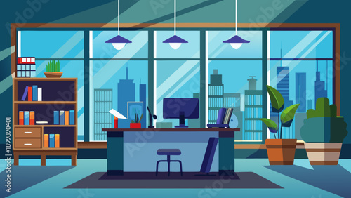 Modern home office with a view of a sunny backyard and plants isolated on white background, Vector