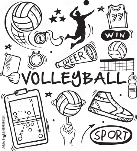 Hand-Drawn Volleyball Sport Elements Collection , vector illustration 