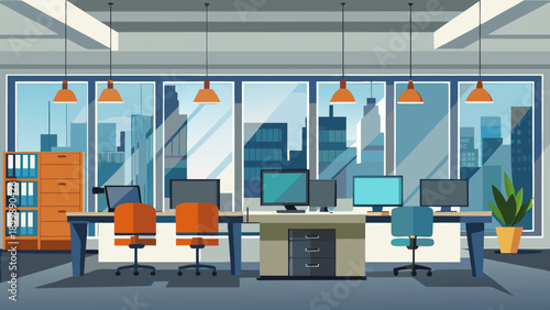 Modern office space with employees collaborating and working in a bright environment isolated on white background, Vector