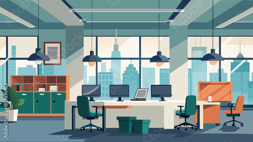 Modern office space with employees working collaboratively in a bright environment isolated on white background, Vector