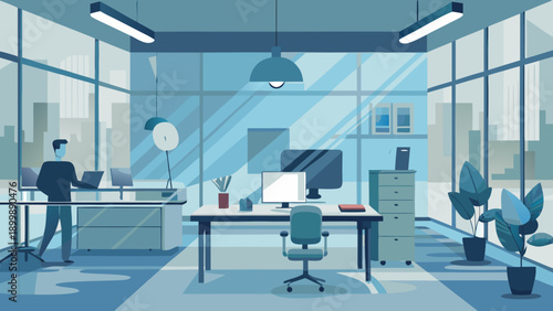 Modern office space with employees collaborating in a bright and open work environment isolated on white background, Vector