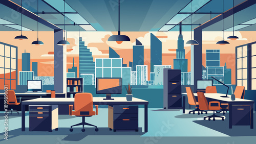 Modern office space with collaborative work environment and natural lighting isolated on white background, Vector