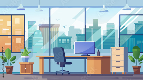 Modern office space with natural lighting and organized workstations isolated on white background, Vector