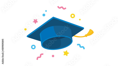 Graduate cap flying in the air with confetti, graduation celebration isolated illustration. Flat cartoon-style vector icon. 