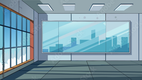 Modern office space overlooking a cityscape with large windows and minimalist decor isolated on white background, Vector