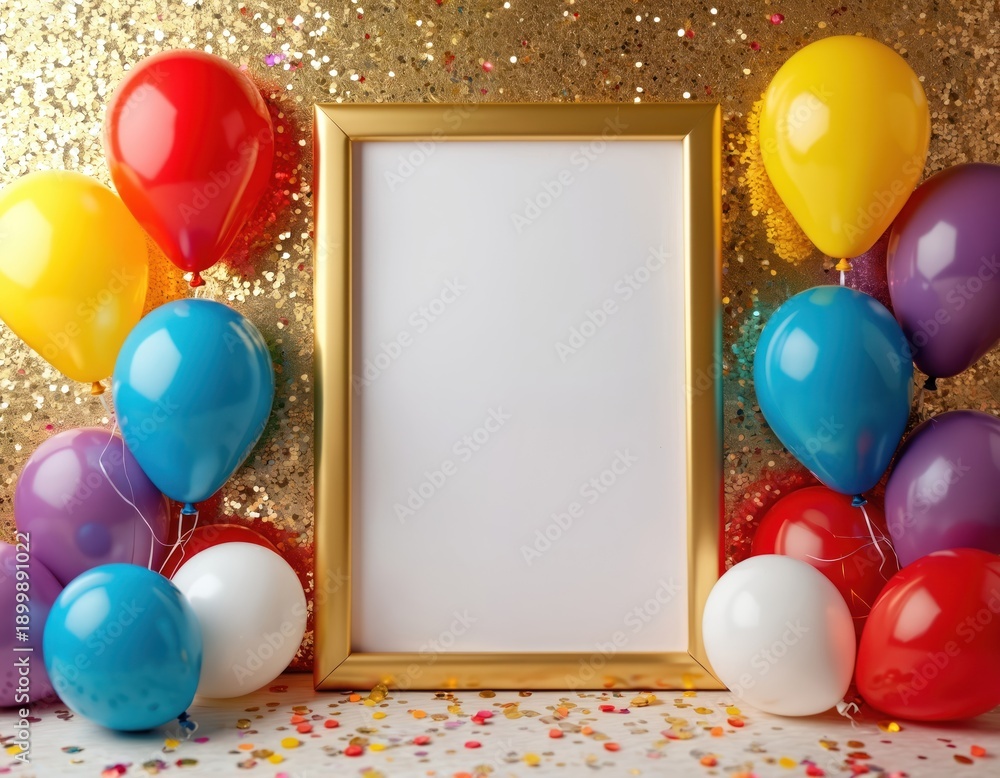 Naklejka premium Golden frame with colorful balloons and confetti. Festive background for birthday, party, or celebration. Blank space for custom text or photo invitation.