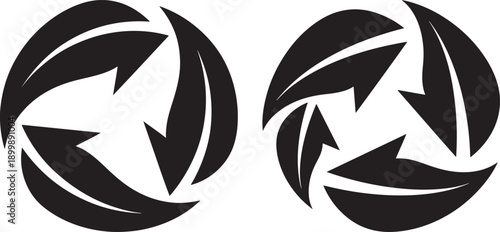 Set of two black recycle symbols and leaf icons for sustainability and eco-friendly concepts