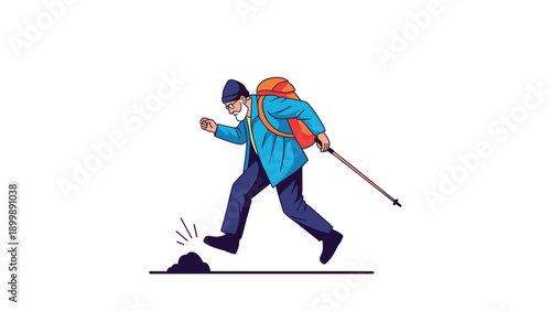 An active senior man with a backpack and walking stick carefully steps over an obstacle during a hike, symbolizing resilience and adventure in old age.