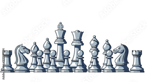 A complete set of classic chess pieces in white and grey tones is neatly arranged in a single row, ready for a game.