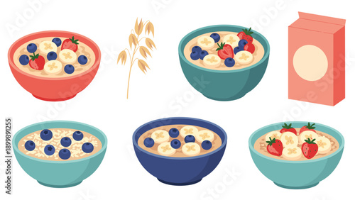 A collection of oatmeal bowls, each adorned with fresh fruits like blueberries, strawberries, and bananas, alongside a sprig of oats.