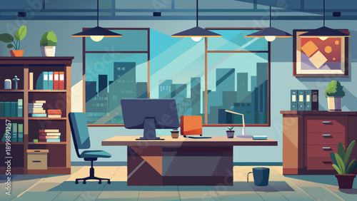 Cozy home office overlooking a bustling cityscape through large windows isolated on white background, Vector