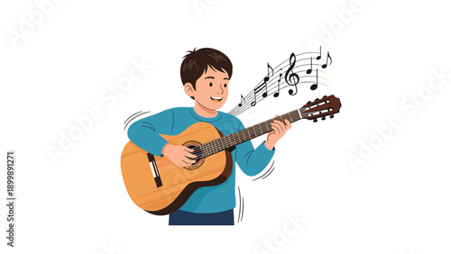 A smiling young boy is enthusiastically playing an acoustic guitar, with musical notes floating around him, symbolizing his passion for music.