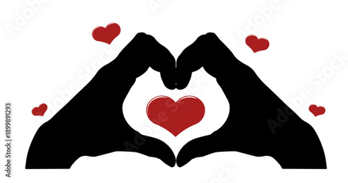 Black silhouette of two hands forming a heart with red heart without background.