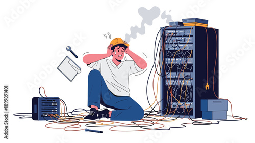 A distressed IT technician sits overwhelmed amidst a chaotic tangle of network cables in a server room, facing a system malfunction.