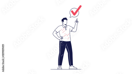A confident man stands, pointing upwards, with a red checkmark in a thought bubble above his head, signifying a successful idea or solution.