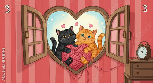 Two cats sitting on pink bed looking out heart shaped window