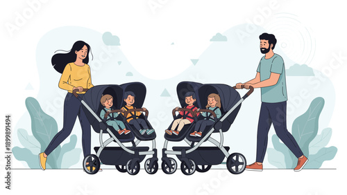 A happy family, consisting of a mother and father, are joyfully pushing two twin strollers, each carrying two small children, in a park.