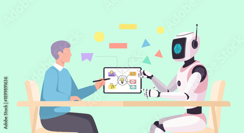 Conceptual illustration of work-life balance with woman meditating and office buildings on a scale.