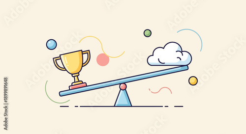 Conceptual illustration of work-life balance with woman meditating and office buildings on a scale.