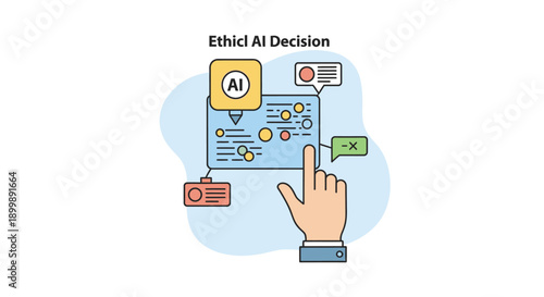 Conceptual illustration of ethical AI decision making with human hand interacting with AI interface.