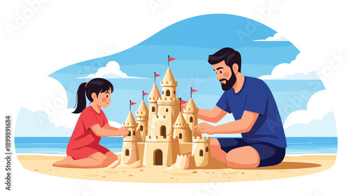 A happy father and his young daughter are joyfully building an elaborate sandcastle together on a sunny beach.