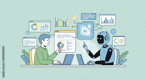 Conceptual illustration of work-life balance with woman meditating and office buildings on a scale.