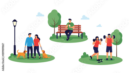 Various scenes of people enjoying leisure and exercise in a serene park setting, including dog walking, bench relaxing, and weightlifting.