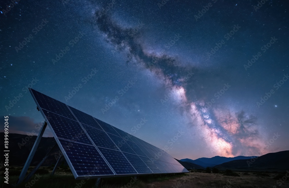 Fototapeta premium Solar panel installation under starry night sky. Milky Way galaxy above mountain landscape. Clean energy tech generates power from starlight.