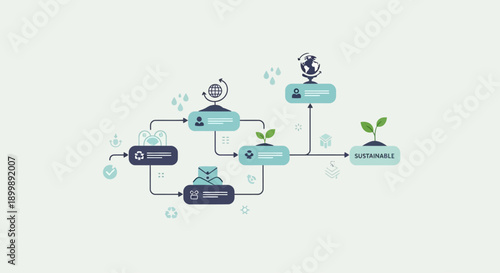 Illustration of a sustainable business process flow with interconnected steps and eco-friendly growth.