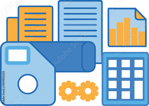 A collection of documents, charts, and spreadsheets representing data management and analysis on a white background Vector, illustration