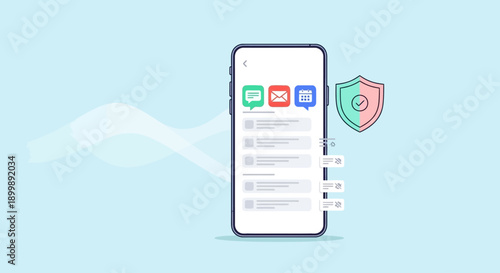 Mobile phone displaying messaging apps with shield protection icon.