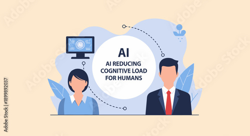 Artificial intelligence reducing cognitive load for humans concept illustration.