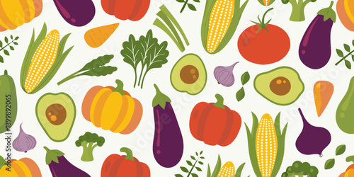 Colorful pattern of various fresh fruits and vegetables on white background