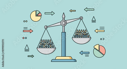 Conceptual illustration of balance scales with data and charts symbolizing fairness and analysis.