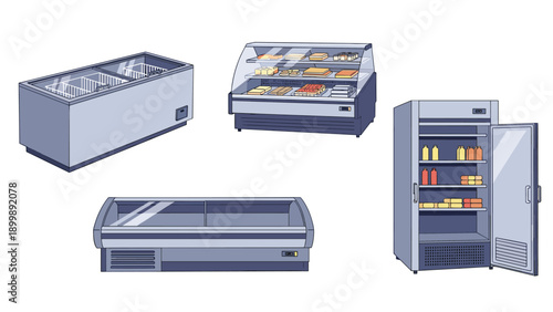 A comprehensive collection of various commercial refrigerators and display cases, ideal for supermarkets and food storage, are presented.