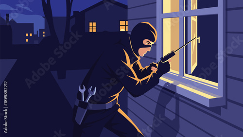 A burglar in a mask is attempting to break into a house through a window at night, illustrating a crime scene.