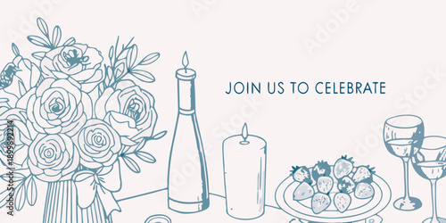 A celebratory scene featuring flowers champagne and a festive arrangement