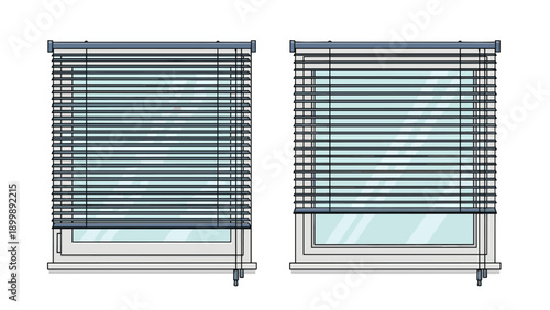 Two clear windows are presented, each featuring closed horizontal blinds, offering privacy and light control in an interior space.