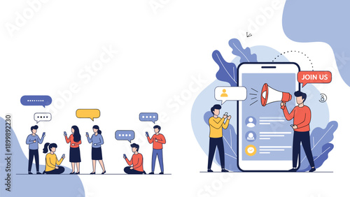 A dynamic composition showing people communicating via social media messages and a man using a megaphone with "Join Us," symbolizing community and invitation.