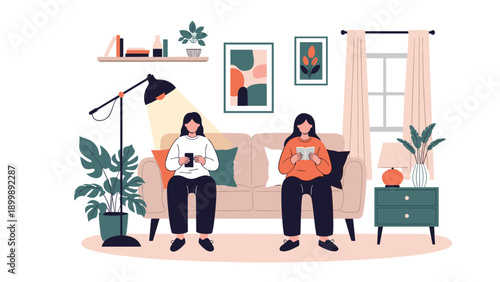 Two women are comfortably relaxing on a sofa in a modern living room, one reading a book and the other using a tablet.