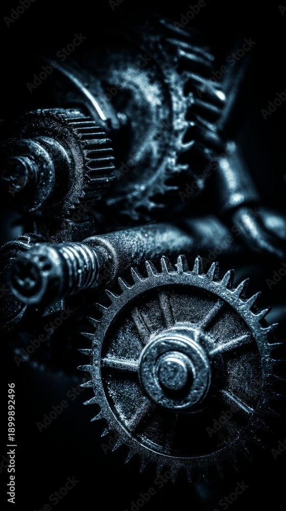 Fototapeta premium directional. Abstract metallic mechanical components in close-up, highlighted by dramatic lighting and shadows for an industrial aesthetic. safety posters. 
