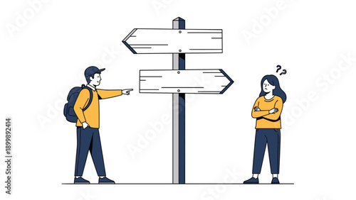 A man and a woman stand at a crossroads with multiple directional signs, symbolizing decision-making, choice, and uncertainty about the future.