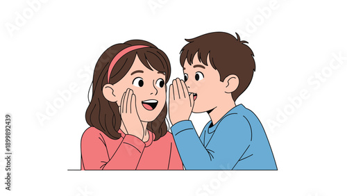 A young boy is playfully whispering a secret into a young girl's ear, who reacts with surprise and excitement.