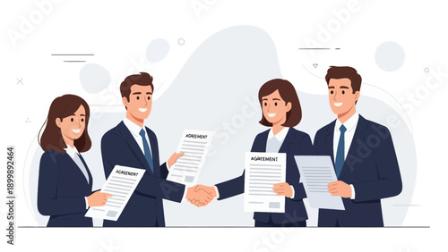 Business agreement handshake between two colleagues, partners signing contract.