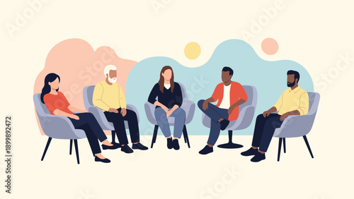 A diverse group of people are seated in a circle, engaged in a therapy session or group meeting, fostering support and open communication.