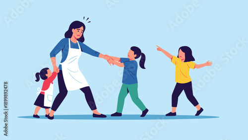An overwhelmed mother is being playfully pulled and demanded attention by her three energetic children, symbolizing the challenges of parenting.