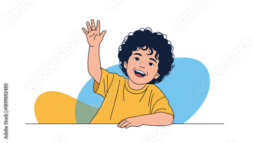 A happy and energetic young boy with curly hair is cheerfully waving his hand in greeting, displaying a friendly and joyful demeanor.